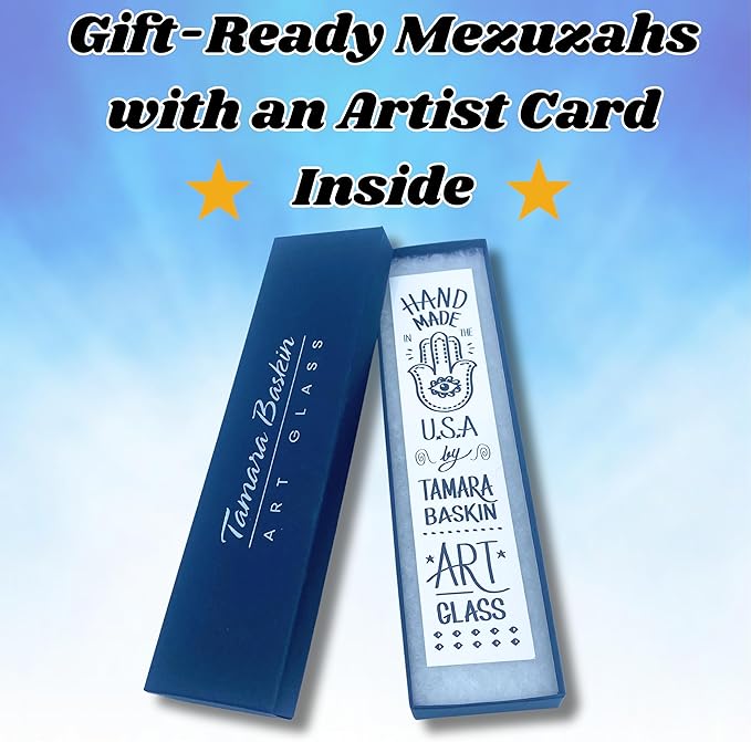 Tamara Baskin Art Glass Mediterranean Sea Mezuzah, Weatherproof Metal Case - Gift Box and Scroll Included - Handmade in the USA - Guaranteed for Life