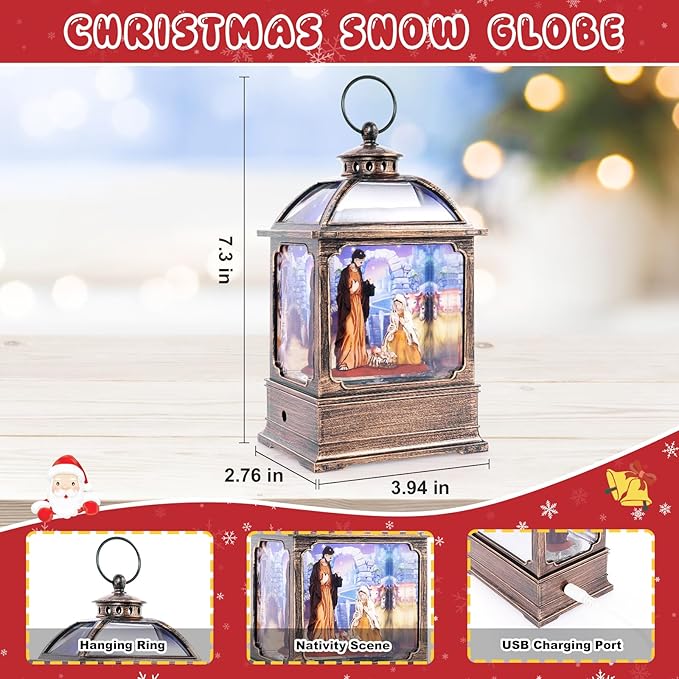 Christmas Snow Globe Lantern with Nativity Music Songs & 6H Timer Water Snow Globe Lantern USB & Battery Operated for Christmas Festival Decorations Gifts (Nativity)