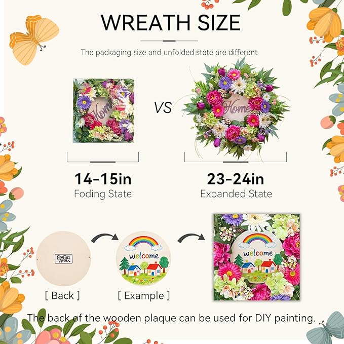 Spring Wreaths for Front Door- 24Inch Summer Wreaths with DIY Wooden Home Sign, Artificial Hydrangea, Peony, Tulip & Gerbera Flowers, Spring and Summer Door Wreaths for Indoor Outdoor Decor