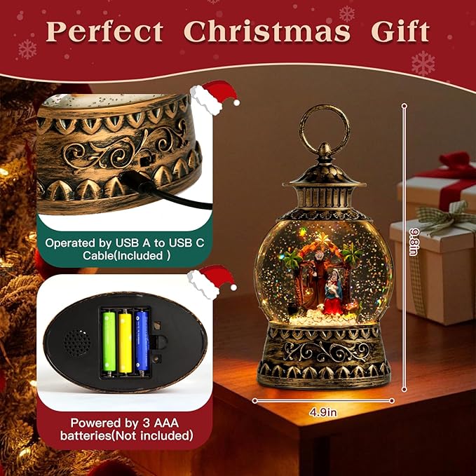 Christmas Nativity Snow Globe, Nativity Musical Snow Globe Lantern Lights with 6H Timer Battery & USB Powered, Retro Style Holiday Glitter Globe for Xmas Home Decoration Holiday Party Gifts