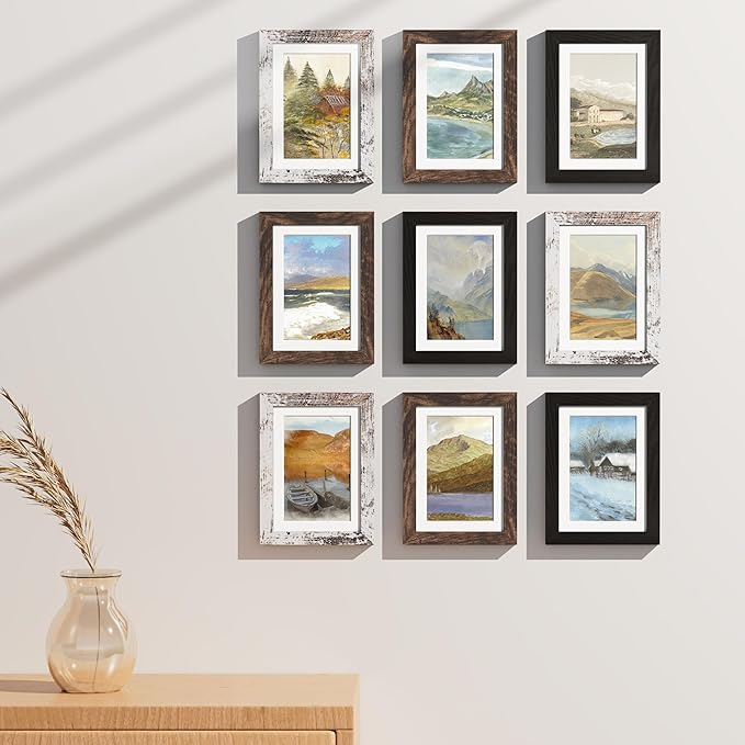 Vittanly 5x7 Picture Frames Set of 9, Display 4x6 Pictures with Mat or 5x7 without Mat, Photo Frames for Wall or Tabletop with Plexiglass, Engineered Wood, Black&Brown&Distressed White