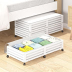Wisuce Bamboo Under Bed Storage Containers- Underbed Organizer with Wheels with Large Dust Bag,Sturdy Wood Rolling Under the Bed Shoe Storage Organizer Drawer 2 Packs (White, Long)