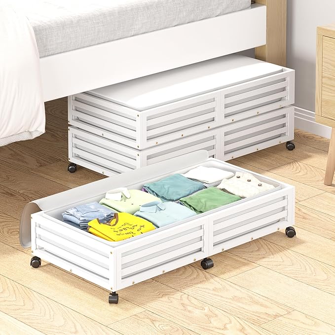 Wisuce Bamboo Under Bed Storage Containers- Underbed Organizer with Wheels with Large Dust Bag,Sturdy Wood Rolling Under the Bed Shoe Storage Organizer Drawer 2 Packs (White, Long)
