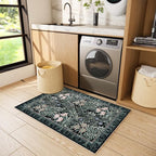 Washable Entryway Area Rugs 2x3 Black Green Vintage Floral Botanical Pattern,Perfect for Soft Door Mat Indoor Entrance, Ultra-Thin Easy Clean Small Throw Carpet for Bedroom Bathroom
