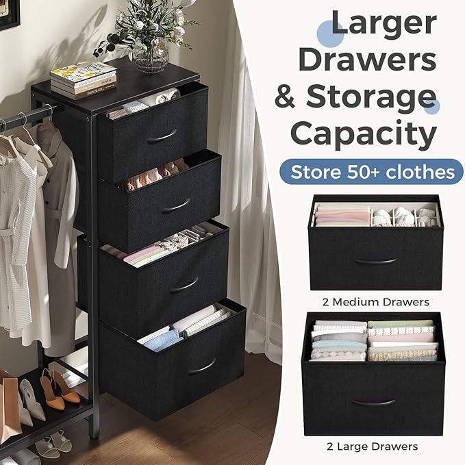 OLIXIS 4 in 1 Storage with Hanging Rack, Clothes Rack Shoes Rack, Bag Hook, Tall Storage Tower, Sturdy Frame for Bedroom Entryway Living Room Black