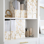 BLU MONACO | Set of 4 Foldable Magazine Storage Boxes with Gold Floral Pattern | Decorative Vertical File Organizers with Gold Label Holders for Desk, Shelves & Home Office