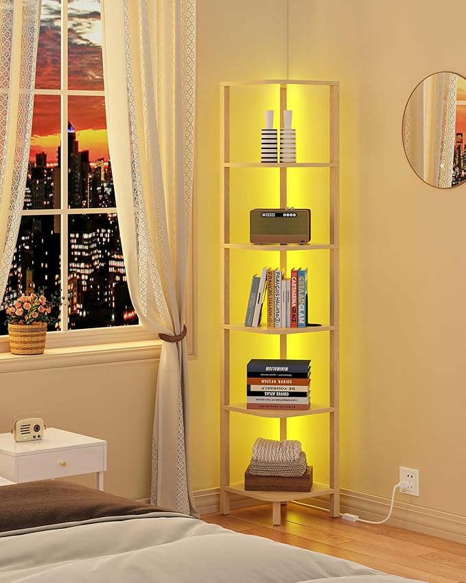TUTOTAK Corner Shelf with LED Light, 6-Tier Corner Bookshelf for Small Space, Narrow Display Corner Shelf Stand with Storage Rack, for Living Room, Bedroom, Natural BS08BN006L