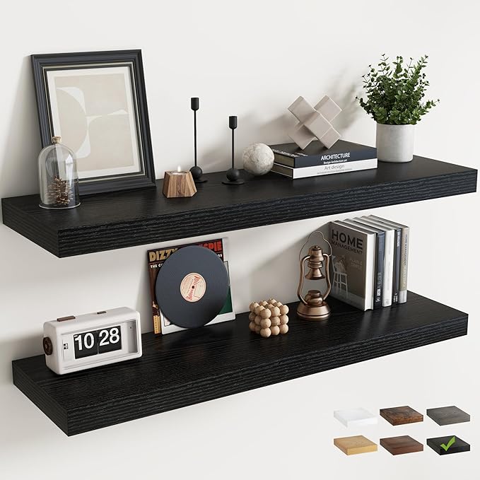 48 Inch Long Floating Shelves for Wall Set of 2, 12"D Wood Grain Bathroom Shelves with Invisible Brackets, Easy Install Engineered Wood Storage Shelves for Kitchen, Living Room, Bedroom, Black Finish