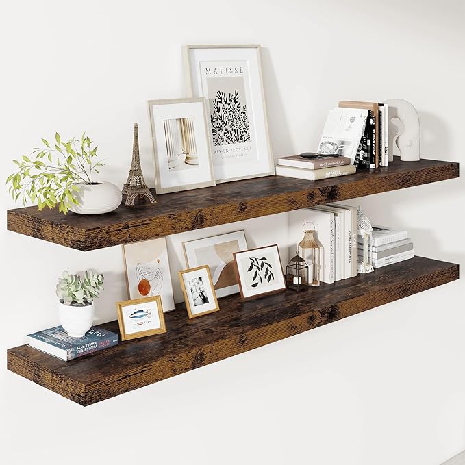 Vivelove 12" Deep Floating Shelves for Wall 55" Long, Wall Shelves for Living Room Bedroom Bathroom Kitchen Laundry Room, Farmhouse Rustic Shelves for Home Decor, 55" X 12" X 2" Set Of 2, Rustic Brown