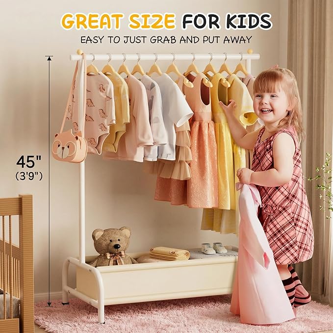 MISSLO Kids Clothing Rack with Basket Small Dress Up Storage Short Toddler Dress Up Rack Kids Closet for Baby Clothes, White