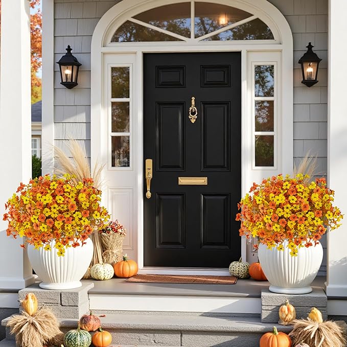 Artificial Fall Flowers for Outdoor Decoration,16 Bundles Faux Silk Colorful Flowers for Outside,UV Resistant Fake Flowers Plants for Front Door Patio Porch Yard Balcony Autumn Decor(F Orange Yellow)