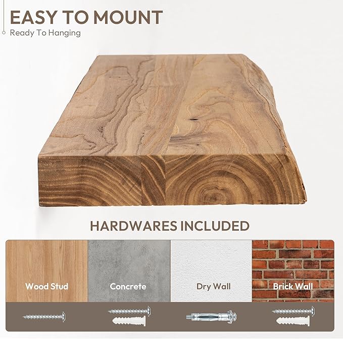 Marsmiles 30 inch Floating Shelves for Wall Elm Wood Live Edge Shelves|Rustic Wall Shelves with Invisible Heavy-Duty Bracket for Bathroom Living Room Kitchen|Natural, 2 Pack