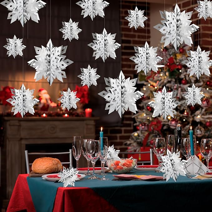 OuMuaMua Christmas Snowflake Decorations Indoor, 24PCS 3D Silver Hanging Snowflakes Garland for Winter Wonderland Decor Xmas Christmas Party Baby Shower Holiday Home Decorations