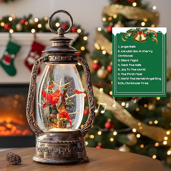 Christmas Snow Globe Lantern Water Glittering 12'' Cardinal with Music, USB Lined/Battery Operated Lighted Lantern for Christmas Festival Decoration Gifts