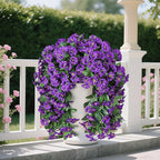 HyeFlora Artificial Fake Hanging Flowers Plants for Outdoor Outside Summer Decoration, 2PCS Faux Silk Morning Glory Purple UV Resistant Look Real Trailing Vines for Home Planter Porch Patio