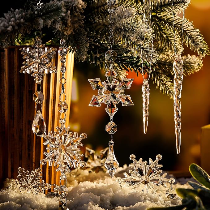 Giegxin 32 Pcs Crystal Christmas Ornaments Crystal Hanging Snowflakes Acrylic Xmas Tree Icicle Drop Decorations with Hooks for Christmas Snow Party Winter(Transparent)