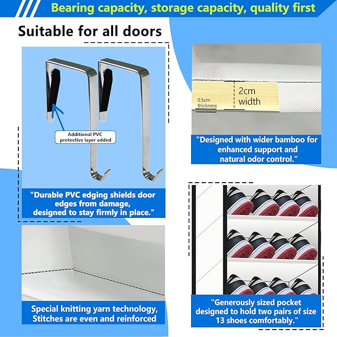 Over The Door Shoe Organizer, 70 Pounds Large Capacity, white shoe rack，20-30-Pair shoe organizer, Heavy Duty-Extra Deep Pockets ,Anti-Scratch Hooks & FSC-Certified Bamboo ,for Men’s Size 13 shoe