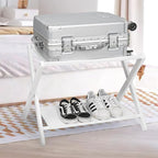 VASMIA Luggage Rack,Bamboo Suitcase Stand with Storage Shelf,Folding Luggage Stand for Guest Room,Hotel,Bedroom,Heavy-Duty, Holds up to 131 lb, White