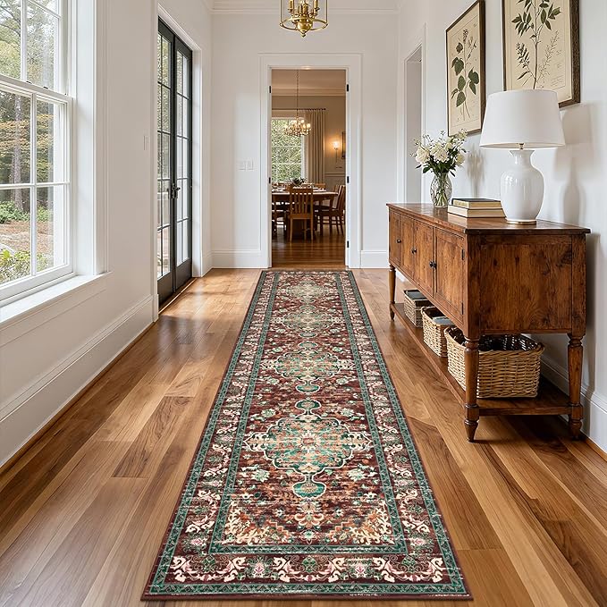 U'Artlines 3' x 12' Boho Hallway Runner Rug, Rust Non Slip Washable Vintage Farmhouse Accent Rug Carpet for Kitchen Entryway Laundry and Living Room (Rust＆Teal)