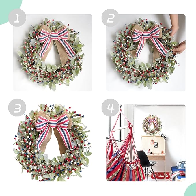 TEMPUS 20" Patriotic Wreath for Front Door - 4th of July Independence Day Decor with Red White Blue Berries & Lamb's Leaves - Memorial Day Labor Day Home Decoration