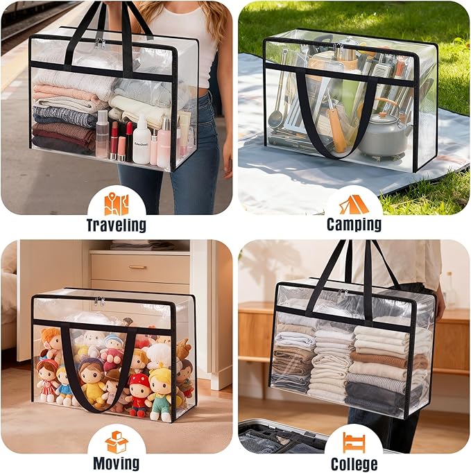 Clear Under Bed Storage Containers - 6 Pack Large Capacity Clothes Storage Bags with Lid & Sturdy Handles, Foldable Moving Bags, Clothing Organizer Totes for Bedding, Comforter, Sheet（40 L）