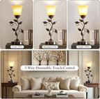Set of 2 Touch Vintage Bedroom Leaf Table Lamps with 2 USB Ports | 3-Way Dimmable Nightstand Flower Lamps, Amber Glass Shade Rustic Lamp for Living Room Bedroom, LED Bulb Included (Bronze)