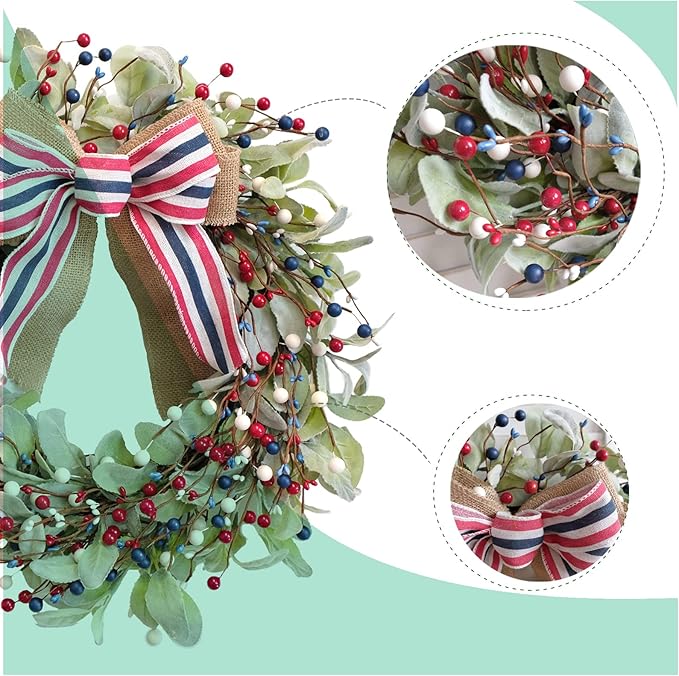 TEMPUS 20" Patriotic Wreath for Front Door - 4th of July Independence Day Decor with Red White Blue Berries & Lamb's Leaves - Memorial Day Labor Day Home Decoration