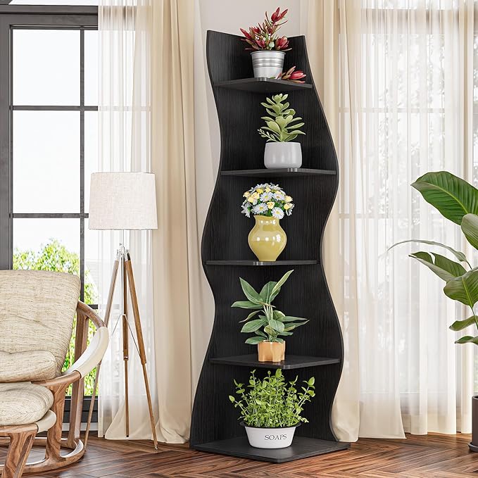 LITTLE TREE Small Corner Shelf, Modern 5-Tier Wall Corner Bookshelf, Stylish Bookcase Storage Rack for Small Space, Living Room, Bedroom