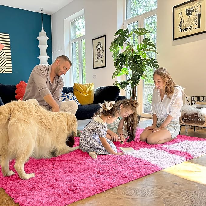 OLANLY 5x8 Machine Washable Large Area Rugs for Living Room, Bedroom, Soft Fluffy Shaggy Bedside Rug, Indoor Floor Carpet for Kids Girls and Boys, Dorms, Nursery, Home Decor Aesthetic, Hot Pink