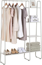SunnyPoint Open Closet Garment Rack with 4-Tier Shelves & Bottom Storage Shelf, Freestanding Open Wardrobe Clothes Rack Organizer with Hanging Rod for Bedroom Closet. (OFF-WHITE)
