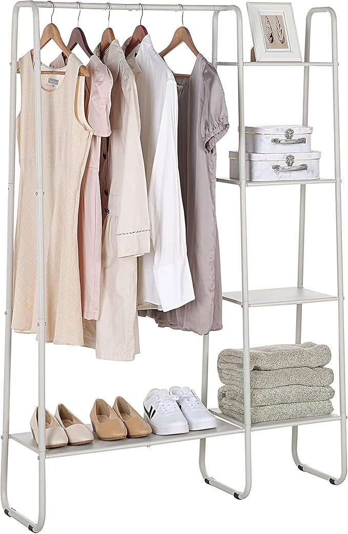 SunnyPoint Open Closet Garment Rack with 4-Tier Shelves & Bottom Storage Shelf, Freestanding Open Wardrobe Clothes Rack Organizer with Hanging Rod for Bedroom Closet. (OFF-WHITE)