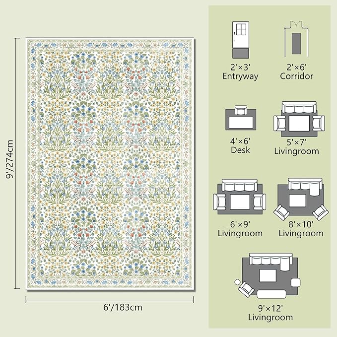 Light Beige Green Area Rug 6x9 - Washable Vintage Living Room Rug for Kids Room, Bedroom, Nursery & Dining Room - Low Pile, Non-Slip & Stain Resistant