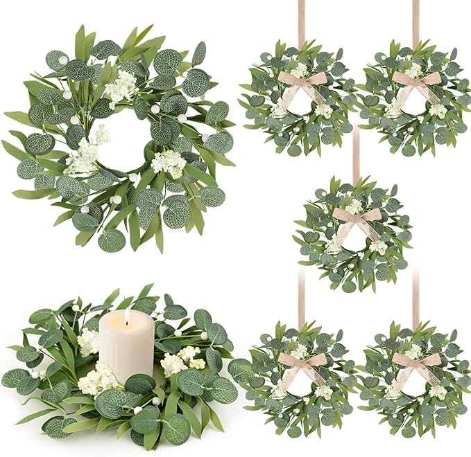 6 Pcs Green Artificial Eucalyptus Swag Wreaths Spring Summer Candle Rings Wreath with White Berries Mini Green Kitchen Cabinet Wreaths with Ribbon for Front Door Porch Wall Window Farmhouse Decoration