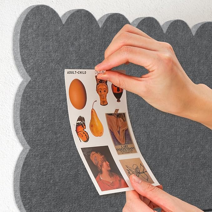 Lightomorrow Scalloped Bulletin Board, 24 x 18 Inches Felt Pin Board - Decorative Cork Alternative for Wall, Foldable Picture Self-Adhesive Vision Prayer Board with 20 Pushpins - Gray