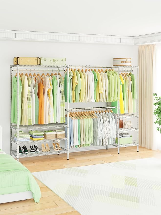 Ulif E11 Heavy-Duty Garment Rack, Metal Freestanding Clothes Rack and Closet Storage Organizer System with 8 Shelves and 4 Hanger Rods, (73.2-97.6)" W x 14.5" D x 71.2" H, Load 1034 LBS, Chrome