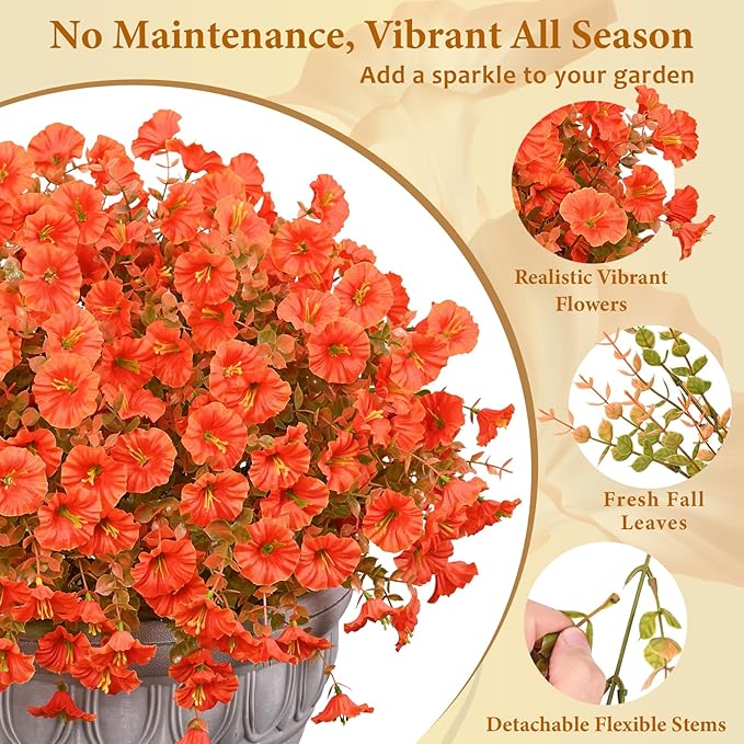MARTINE MALL Artificial Fall Flowers for Outdoors, 24 Bundles Faux Fall Flower for Outdoor Planters, UV Resistant Fall Flowers Artificial for Outdoors Fake Autumn Petunias for Front Porch (Orange)