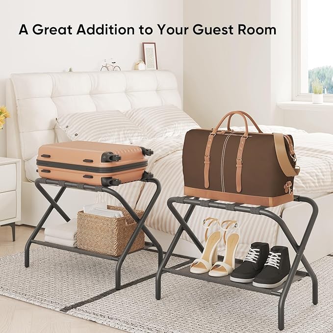 Luggage Rack for Guest Room, Folding Suitcase Stand with Shoe Shelf, Steel Portable Luggage Stand Bedroom, Hotel, Easy Assembly, Hold up to 110 lb, Black