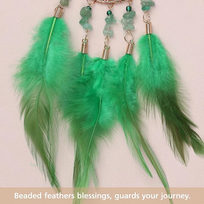Pretty Jolly Small Tree of Life Crystal Stone Dream Catchers Green Feathers Mini Dreamcatchers for Cars Rear View Mirror Hanging Decoration Good Luck Travel Charm Bedroom Ornaments for Women Girls