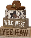 Yuntau 4 Pcs Western Tiered Tray Decorations Set Cowboy Hat Stack Block Signs Desert Farmhouse Rustic Tabletop Tiered Tray Decor for Table Shelf Home Office
