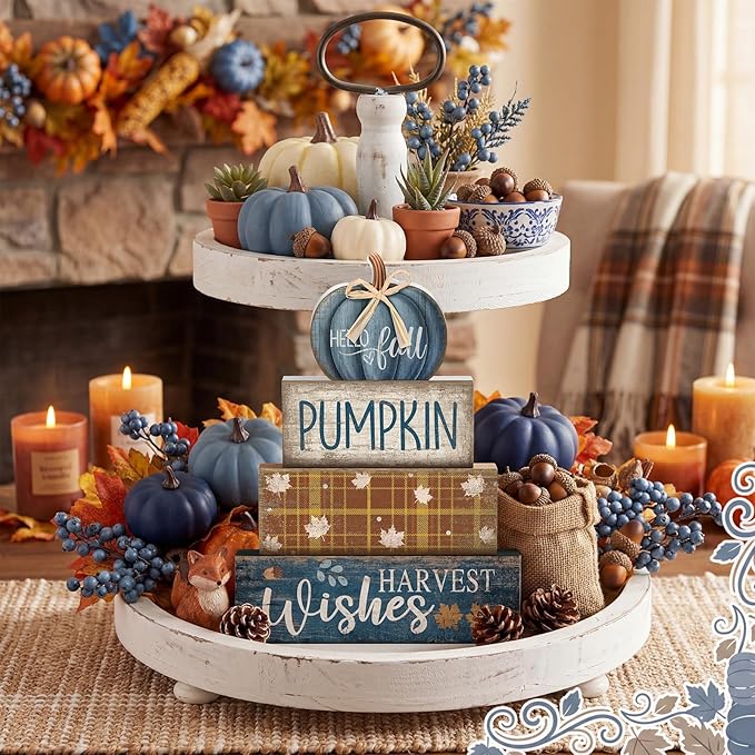 Lineshading 4 Pcs Fall Decoration for Home Wooden Blue Pumpkin Decor Thanksgiving Tiered Tray Decor Fall Centerpiece Rustic Decorative Block Signs Gift Farmhouse Autumn Table Decors for Home Kitchen