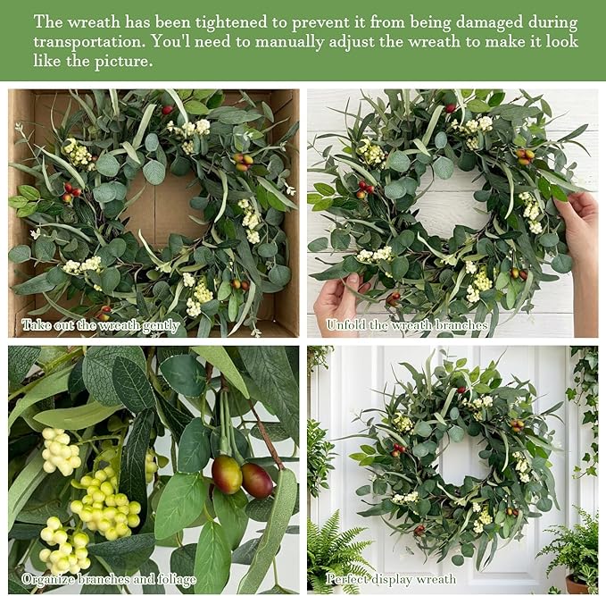 Jobflower 24 Inch Eucalyptus Wreath for Front Door, Artificial Greenery Wreath with Olive Fruit & Berries, Lush All Seasons Farmhouse Wall Decor for Spring Summer Year Round Outside Inside