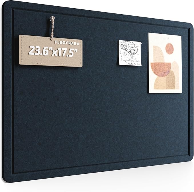 Fluxynara Bulletin Board, 23.6" x 17.5" Cork Board Alternative with 12 Safe Removable Adhesive Tabs, Foldable Felt Pin Board for Home Office, Classroom, Bedroom,Entryway for Walls—Carbon Blue