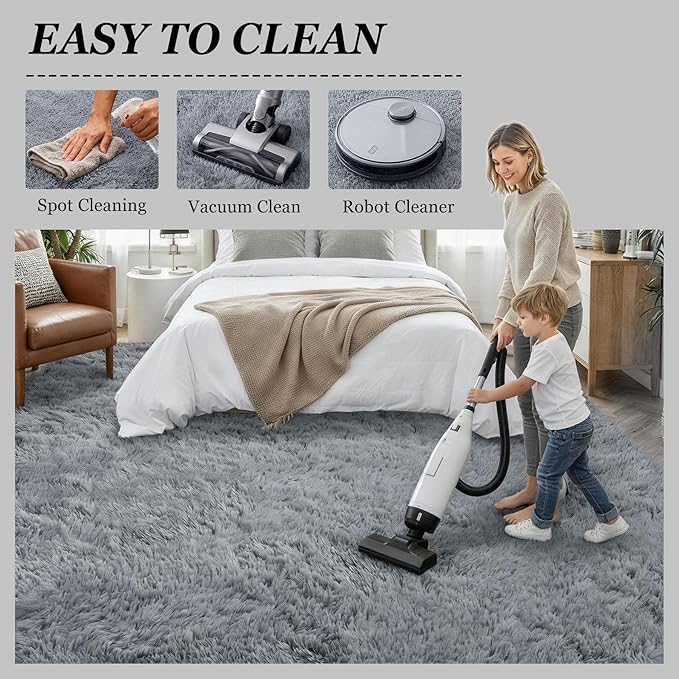 Fluffy Area Rugs 9x12 Living Room Bedroom: Ultra Soft Shag Rug Upgrade Non-Slip Non-Shedding Large Fuzzy Plush Carpet Indoor Floor Carpets for Kids Room Playroom Nursery Dorms Home Decor Light Gray