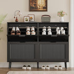 Shoe Cabinet for Entryway with 4 Flip Drawers, Slim Wooden Shoe Storage Organizer with Modern Fluted Pannel，Freestanding Narrow Hidden Shoe Rack for Hallway, Foyer, Living Room