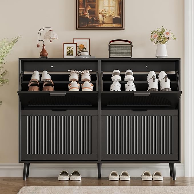 Shoe Cabinet for Entryway with 4 Flip Drawers, Slim Wooden Shoe Storage Organizer with Modern Fluted Pannel，Freestanding Narrow Hidden Shoe Rack for Hallway, Foyer, Living Room