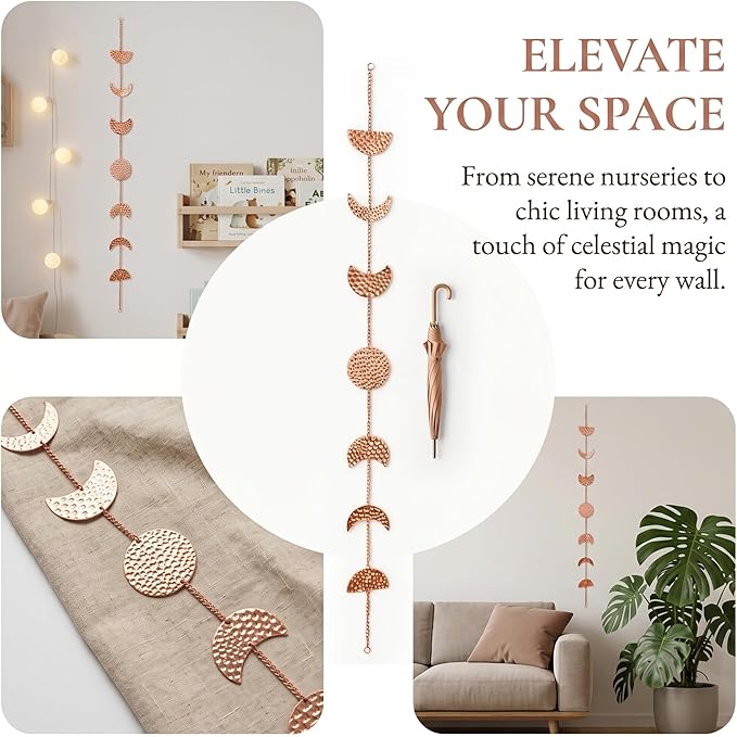 opulinea 32 Inch Hammered Rose Gold Moon Phase Metal Wall Decor with LED String Lights, Celestial Hanging Wall Sculpture, Boho Lunar Wall Art for Bedroom, Living Room, Bathroom, Apartment