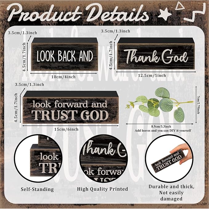 Lineshading 4 Pcs Christian Table Decor Inspirational Gifts for Women Look Back and Thank God Look Forward and Trust God Wooden Block Signs Farmhouse Christian Centerpiece for Mother's Day Home Office