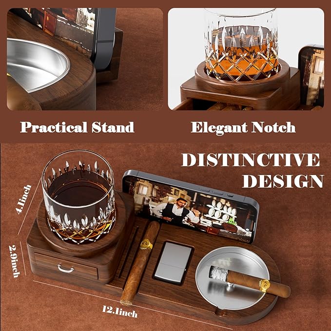 Father Day Gifts Wood Cigar Ashtray Cigarettes Ashtrays for Indoor Outdoor Patio Home Office Use Square Wooden Brown Cigar Ash Tray Father s Day Gift Ideas for Men with GIFT BOX (with drawer)