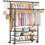 SLEEPING LAMB 44" Double Rods Clothes Rack for Hanging Clothes, Sturdy Wardrobe Clothing Rack with 3 Tier Shelves, Portable Rolling Garment Rack With Wheels for Bedroom, Laundry Living Room, Black