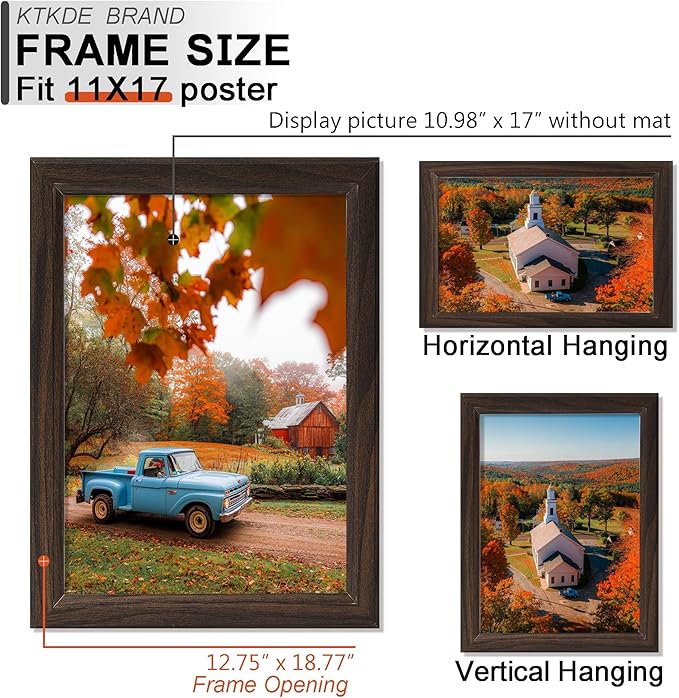 KTKDE 11x17 Picture Frame Set of 3,Walnut Wooden frames, Vertical & Horizontal Wall Hanging for Wall Display,Studio Gallery Photo Frame for Photos, Posters & Art Prints